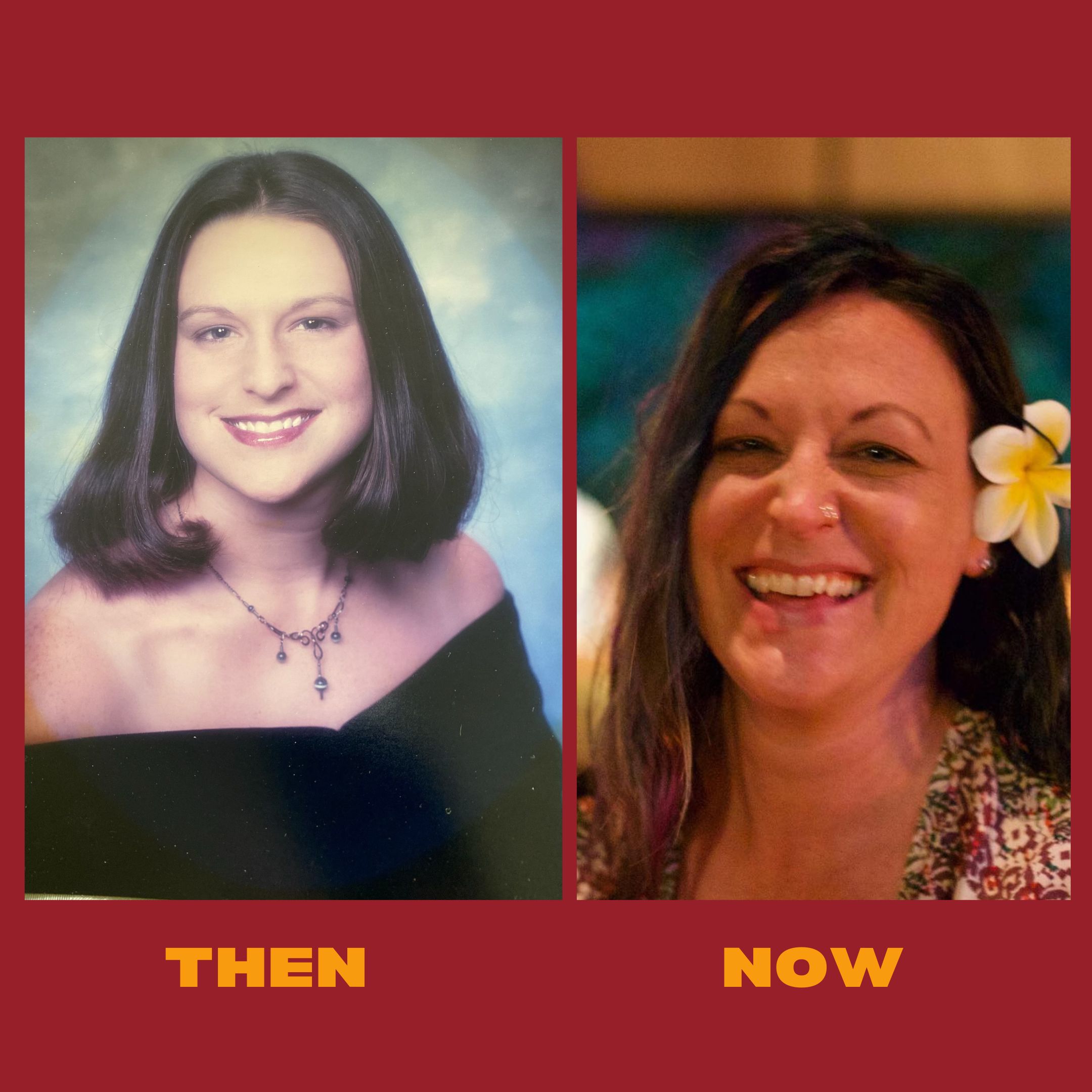 The School for Entrepreneurship and Technology (SET High) site manager, Carrie Heath, shares high school yearbook photo and current photo with a plumeria flower tucked behind her ear. 