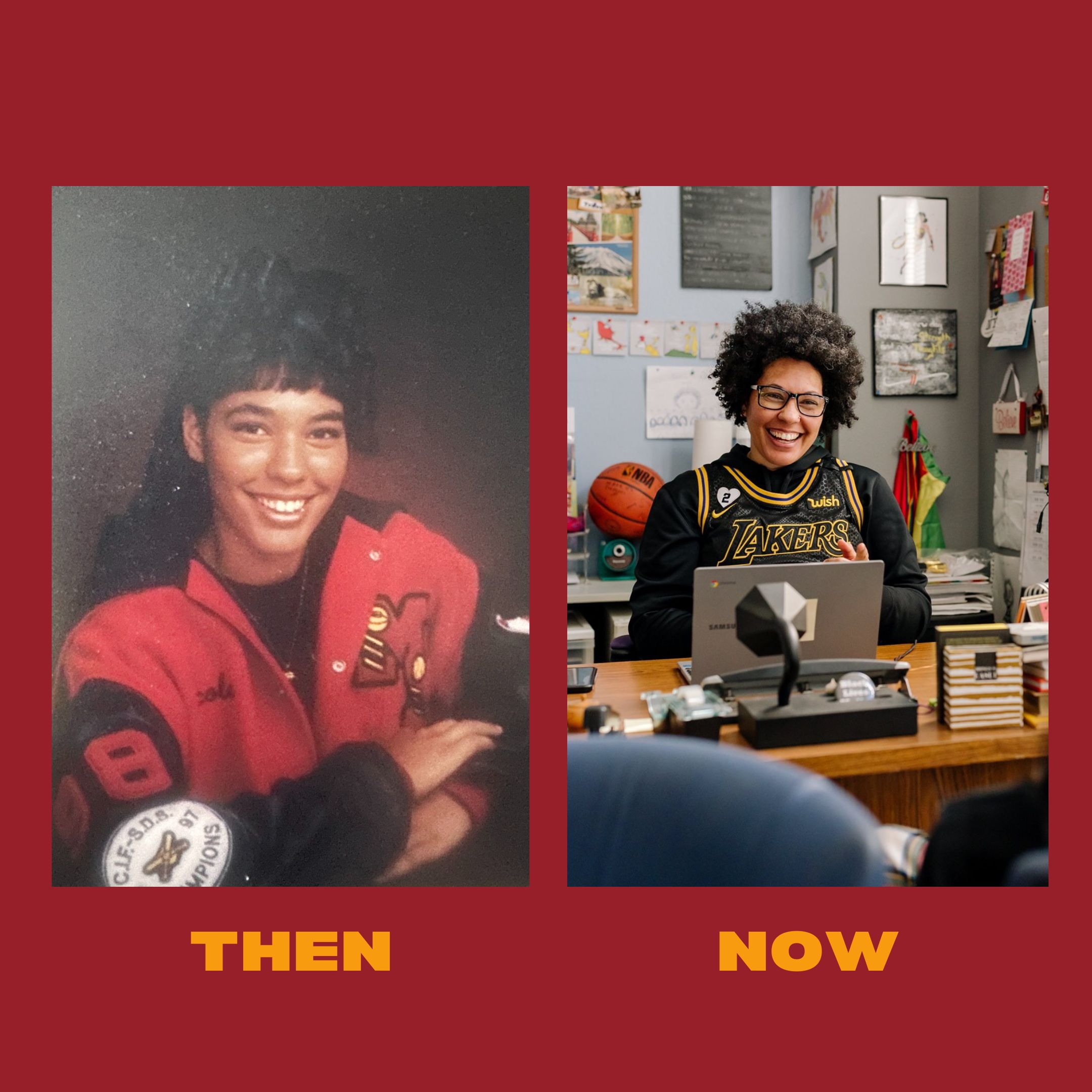 2 side by side photos of Assistant Principal Nicky Geis with captions "Then" and "Now" showing current photo and a photo from high school.